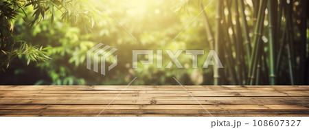 Empty weathered old wooden boards table with bamboo trees in background. Ideal for product showcase with copy space. Generative Ai 108607327