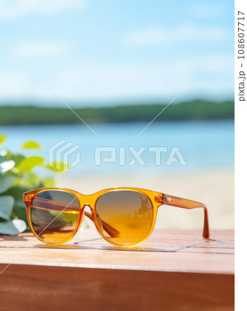 Closeup of black protective sunglasses on sandy beach at tropical seaside on warm sunny day. Closeup of black protective sunglasses on sandy beach at tropical seaside on warm sunny day. 108607717