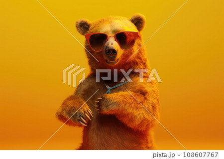 Portrait of a brown bear in big red carnival glasses. Club-footed bear looks directly into the camera on an isolated orange background.  108607767