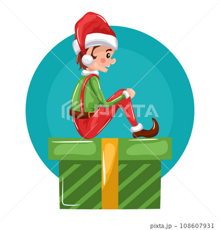 little christmas elf sitting on a cute gift box 108607931