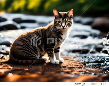 Cat by river in medium shot K. 108608176