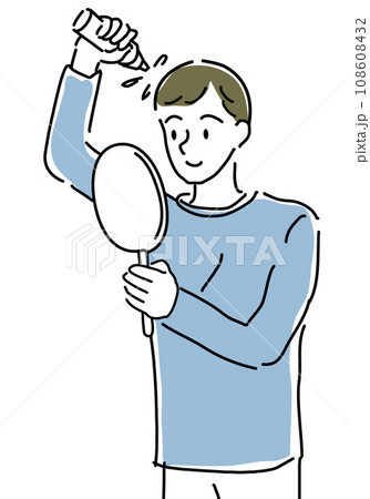 鏡を見ながら育毛剤を使う男性シンプル線画 108608432