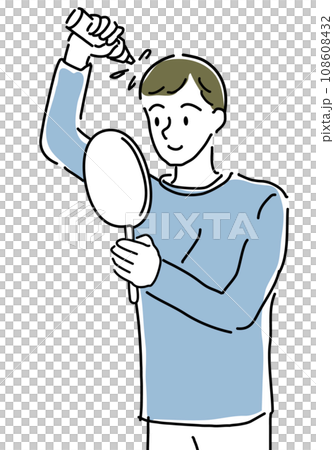 鏡を見ながら育毛剤を使う男性シンプル線画 108608432