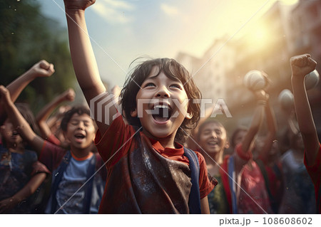Horizontal sport background. A boys soccer team celebrating a victory. 108608602