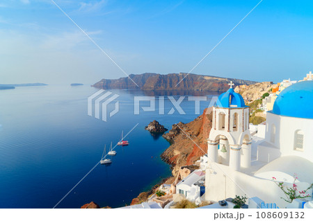 white belfries Santorini island, Greece 108609132
