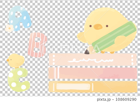 Chick and book with cute alphabet and pencil 108609290