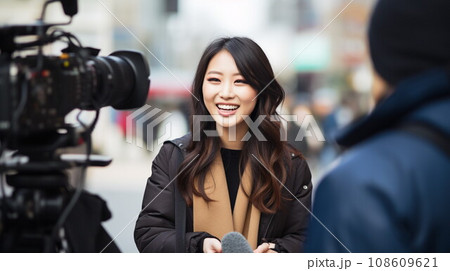 街頭インタビューをうける若い女性　（AI生成） 108609621