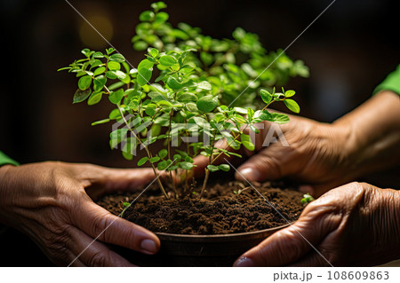 someone's hands holding a small plant that is growing out of soil in the middle of their palmes someone's hands holding a small plant that is growing out of soil in the middle of their palmes 108609863