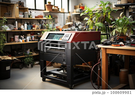 a printer sitting on top of a table in a room with lots of plants and other office supplies around it a printer sitting on top of a table in a room with lots of plants and other office supplies around it 108609981