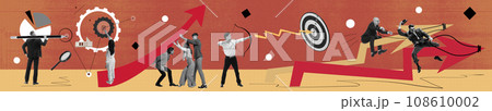 Group of employees working on project development, checking analytics, working on targets. Contemporary art collage. 108610002