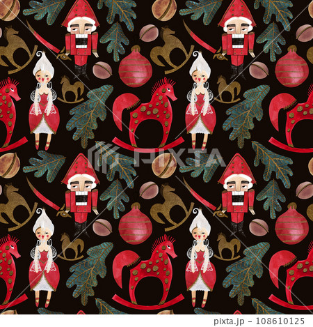 Nutcracker and nuts. Seamless watercolor pattern for New Year and Christmas wrapping paper. Vintage style gifts for children under the Christmas tree. Nutcracker and nuts. Seamless watercolor pattern for New Year and Christmas wrapping paper. Vintage style gifts for children under the Christmas tree. 108610125