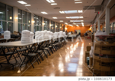 some tables and chairs in a room with lots of boxes on the floor next to each other tables are empty 108610173