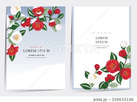 Vector Illustration of Floral Frame Set with Snowfall on Fully Bloomed Camellia Branches 	 108610186