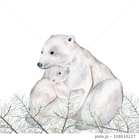seamless border with white polar bear and trees with snow. Watercolor hand drawing illustration on isolate white background. 108610227