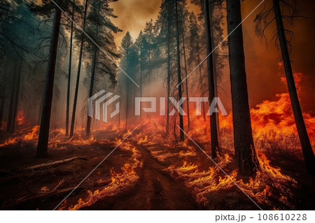 fire burning through trees in the middle of a forest, with smoke coming from the ground and dark skies overhead 108610228