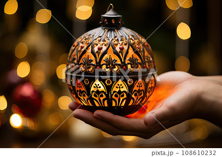 someone's hand holding an ornamec with lights in the background and blurs around it to show how they are moving 108610232