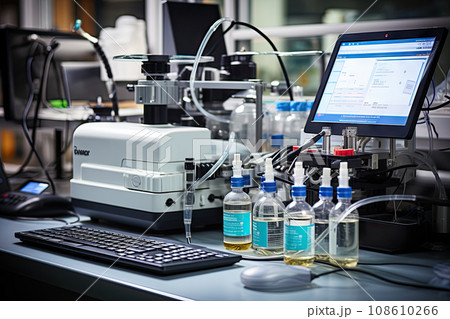 some laboratory equipment that is on the table in front of a computer monitor and two bottles with liquids next to it 108610266