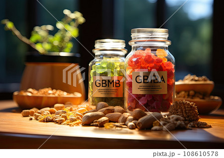 CBG Gummies. two jars filled with different types of gums on a wooden table in front of a pot full of other gums 108610578