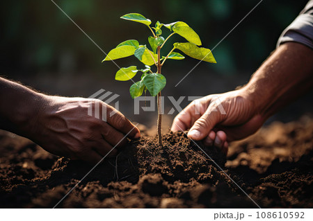two hands holding a young plant that is growing out of the ground, with dirt and soil in the background two hands holding a young plant that is growing out of the ground, with dirt and soil in the background 108610592