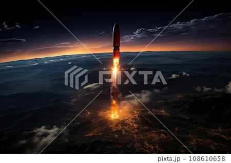 a rocket taking off into the night sky, with clouds and stars in the fore - image is taken from above 108610658