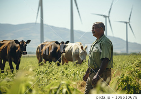 a man standing in the middle of a field with cows and wind turbines behind him, on a sunny day a man standing in the middle of a field with cows and wind turbines behind him, on a sunny day 108610678