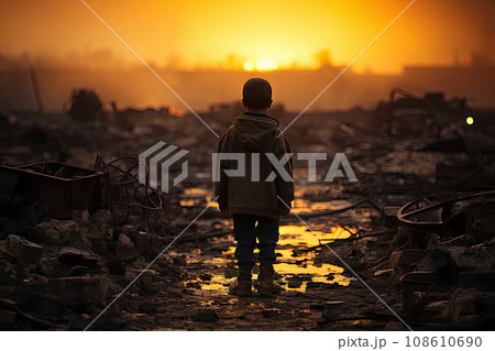 a person standing in the middle of a pile of junks, looking out to the sun setting behind them 108610690