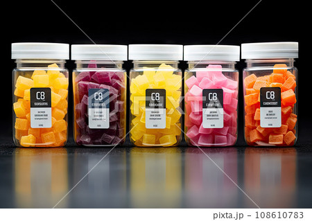 CBG Gummies. three jars with different colored candis in them, one is orange, the other is pink and yellow as well CBG Gummies. three jars with different colored candis in them, one is orange, the other is pink and yellow as well 108610783