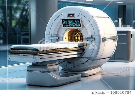 a hospital room with an mri machine in the middle and one on the other side of the image is blurred 108610784