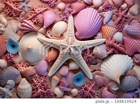 starfishs and seashells in pink, white and blue colors on a background of sea shells stock photo 108610924