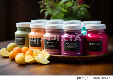 CBG Gummies. three jars of food on a wooden table with lemons and other ingredients in the jar is next to them 108610937