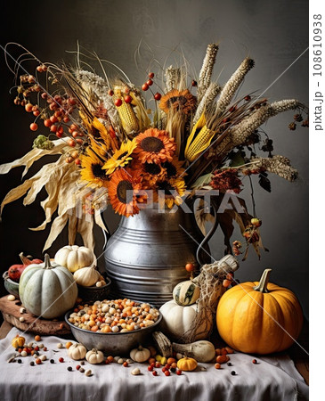 an autumn arrangement with pumpkins, corn, gourds and other fall flowers on a gray tablecloth is in the background 108610938