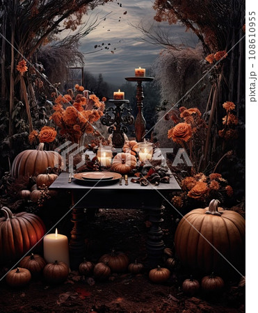 pumpkins and candles in the middle of a table surrounded by trees with leaves, branches and flowers on it 108610955