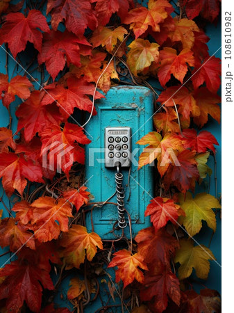 an old phone surrounded by autumn leaves on a blue wall with red, orange and yellow leaves in the background 108610982