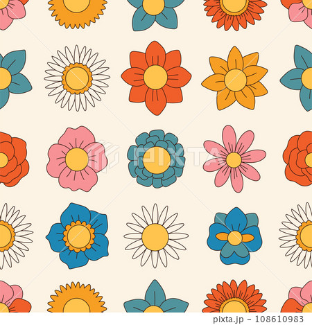 Groovy flowers seamless pattern. Retro 70s smiling face flowers graphic elements isolated. Retro vintage flowers 108610983