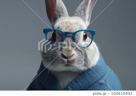 Portrait of a gray rabbit in transparent blue glasses, looking directly into the camera with an isolated background. Cute funny bunny in a warm blue knitted sweater. Portrait of a gray rabbit in transparent blue glasses, looking directly into the camera with an isolated background. Cute funny bunny in a warm blue knitted sweater. 108610992