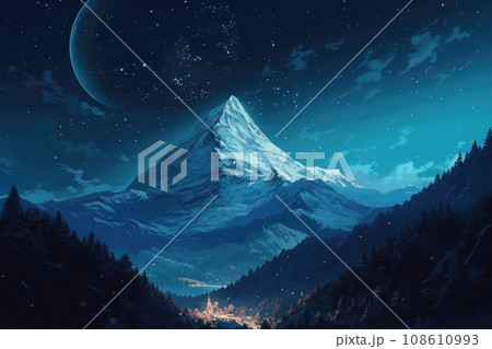 Snow-covered mountain with a high white peak on a starry night under the light of a huge moon. Colorful landscape with a view of a small village in the lowlands of the forest. Snow-covered mountain with a high white peak on a starry night under the light of a huge moon. Colorful landscape with a view of a small village in the lowlands of the forest. 108610993