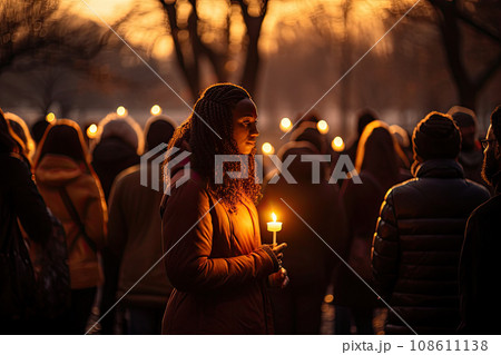 a woman holding a lit candle in front of a group of people on a city street at sunset, with the sun behind her a woman holding a lit candle in front of a group of people on a city street at sunset, with the sun behind her 108611138