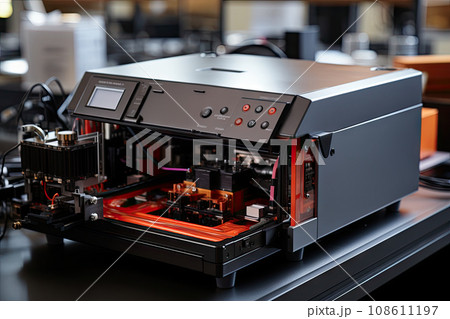 a 3d printer sitting on a table with other machines in the background and an orange light coming from behind it 108611197
