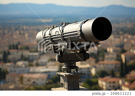 a city from the top of a building with a telescope on it's side and mountains in the background 108611221