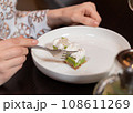 Cropped view of woman cutting healthy dessert with a fork 108611269
