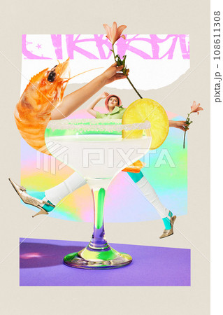 Poster. Contemporary art collage. Modern creative artwork. Funny young woman with long legs jump behinds cocktail glass decorated shrimp. Poster. Contemporary art collage. Modern creative artwork. Funny young woman with long legs jump behinds cocktail glass decorated shrimp. 108611308