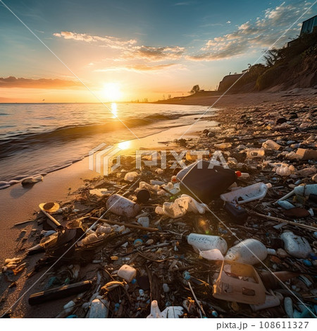 trash on the beach at sunset with the sun setting over the ocean and clouds in the sky, as seen from the shore 108611327