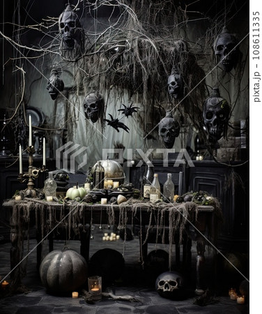 an old table with halloween decorations and skulls hanging from the branches over it, in front of a black fireplace 108611335