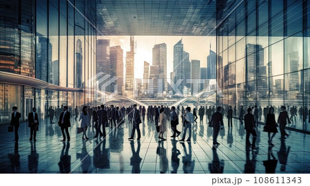 people walking through an office building with the city skyline in the image is blurred and blured, but it's not clear 108611343