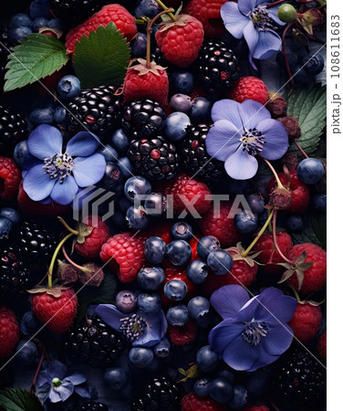 blueberries, rass and blackberries with green leaves on the bottom right is an image of red berries blueberries, rass and blackberries with green leaves on the bottom right is an image of red berries 108611683