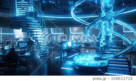 a science lab with blue lights and an image of a human figure in the middle part of the room, which is lit up 108611718