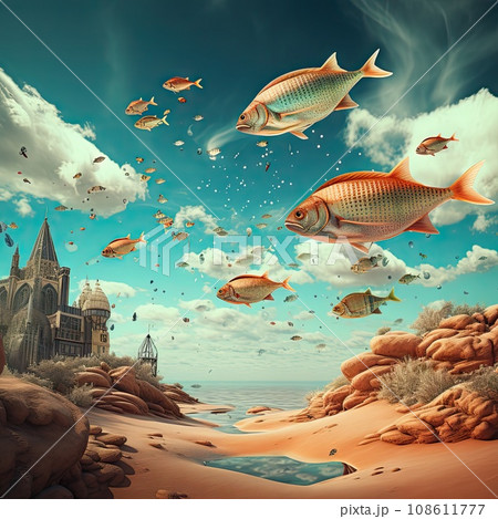 some fish flying in the air above a beach with sand and rocks, under a blue sky filled with white clouds some fish flying in the air above a beach with sand and rocks, under a blue sky filled with white clouds 108611777