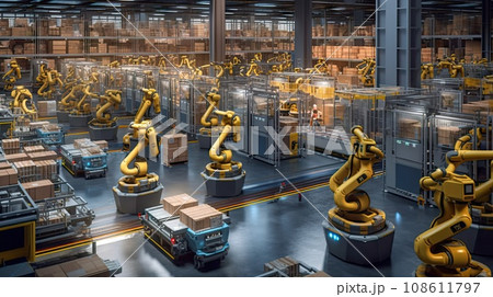an industrial factory with robots working on the production line and conveying equipment in the background is a large warehouse 108611797