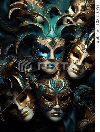 Masks with blue and gold paint on them, one is in the middle part of the mask's face Masks with blue and gold paint on them, one is in the middle part of the mask's face 108611953