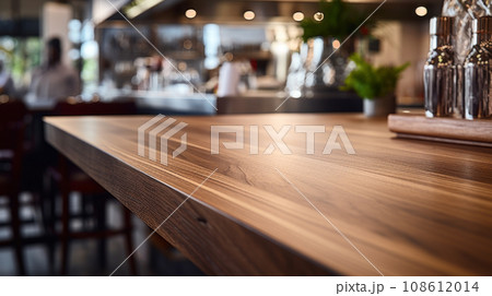 image of wooden table in front of abstract blurred background of resturant lights image of wooden table in front of abstract blurred background of resturant lights 108612014